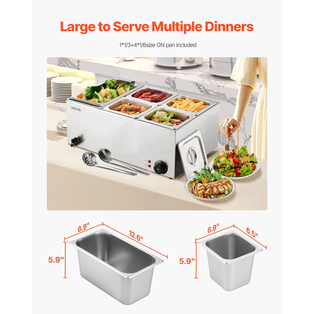 VEVOR 24QT Commercial Food Warmer, 5-Pan Electric Steam Table, 1200W Professional Countertop Stainless Steel Buffet