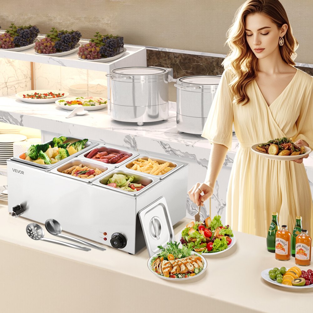 VEVOR 24QT Commercial Food Warmer, 5-Pan Electric Steam Table, 1200W Professional Countertop Stainless Steel Buffet