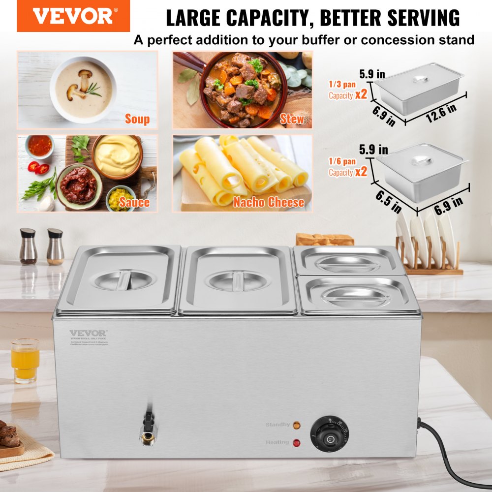 VEVOR 4-Pan Commercial Food Warmer, 16.4QT Electric Steam Table, 1200W Professional Countertop Stainless Steel Buffet