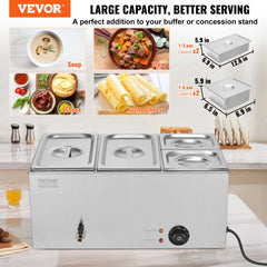 VEVOR 4-Pan Commercial Food Warmer, 16.4QT Electric Steam Table, 1200W Professional Countertop Stainless Steel Buffet