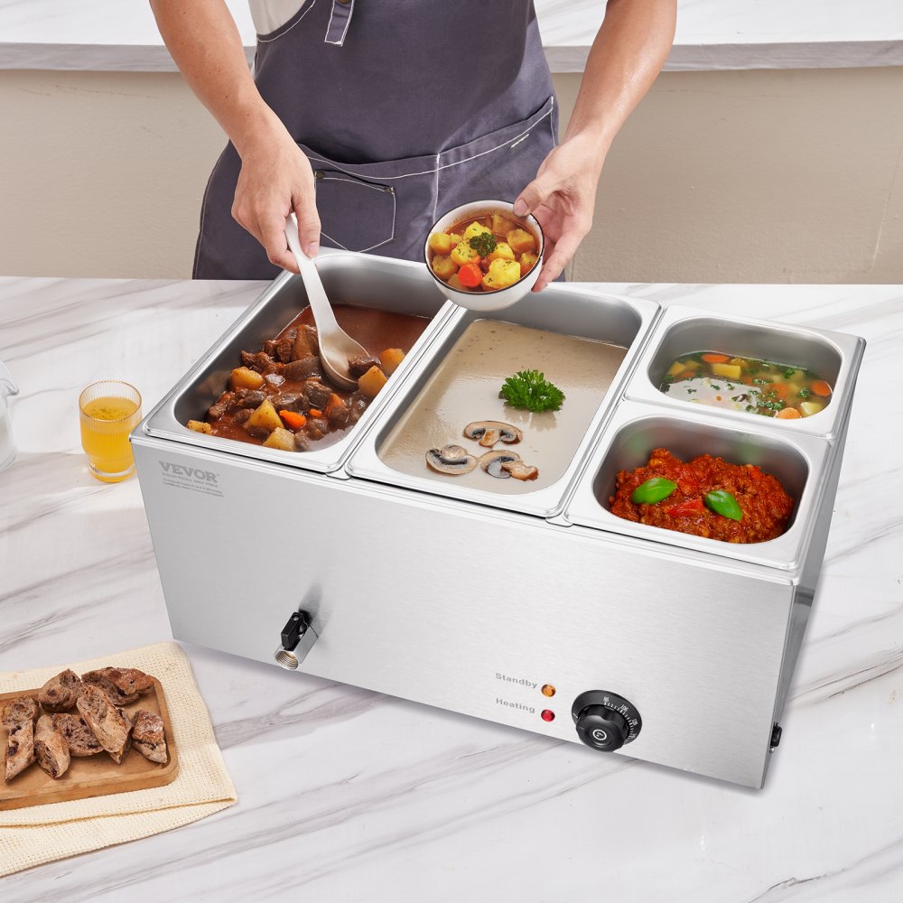 VEVOR 4-Pan Commercial Food Warmer, 16.4QT Electric Steam Table, 1200W Professional Countertop Stainless Steel Buffet