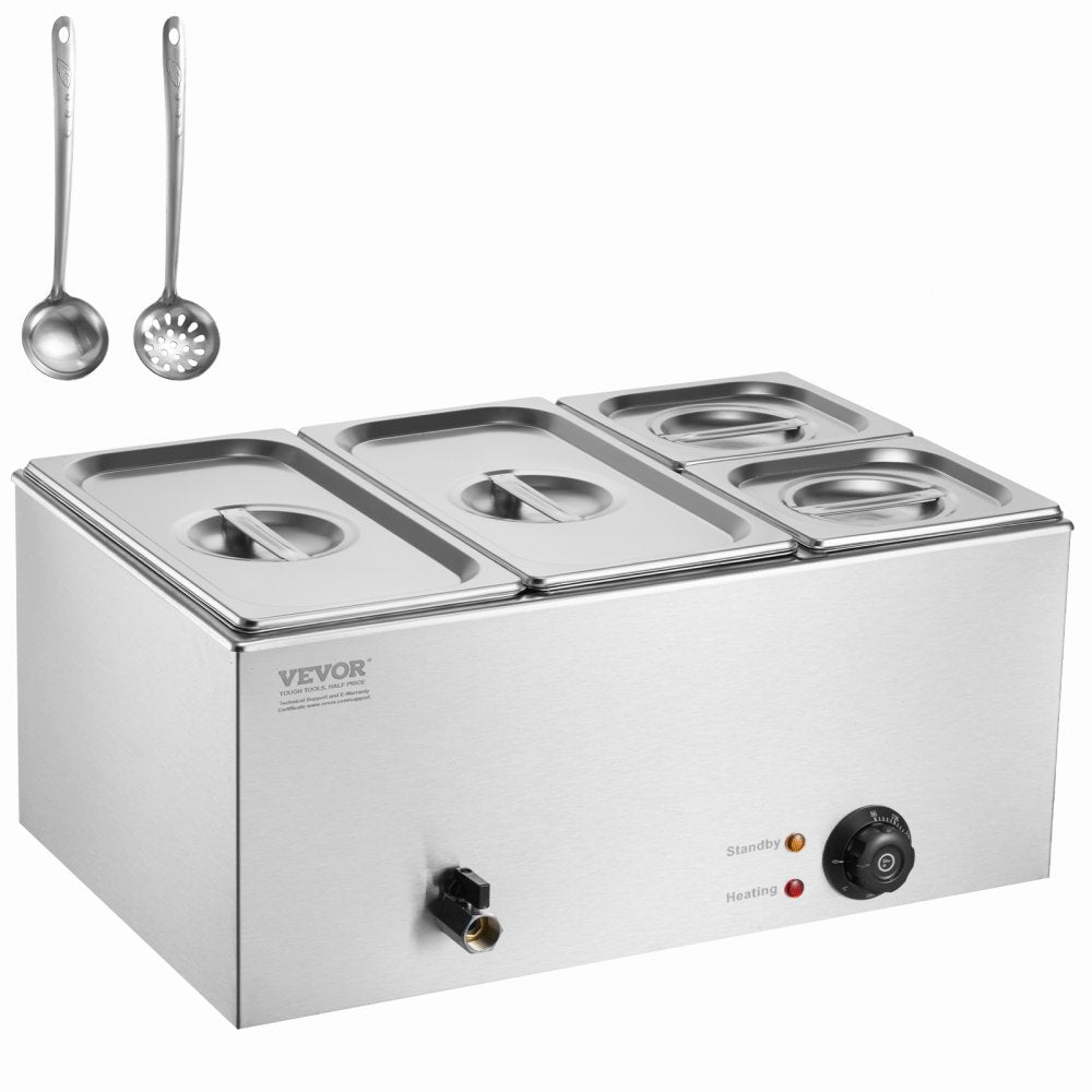 VEVOR 4-Pan Commercial Food Warmer, 16.4QT Electric Steam Table, 1200W Professional Countertop Stainless Steel Buffet