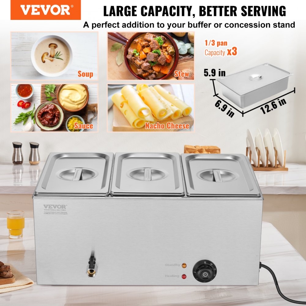 VEVOR 3-Pan Commercial Food Warmer, 17.4QT Electric Steam Table, 1200W Professional Countertop Stainless Steel Buffet