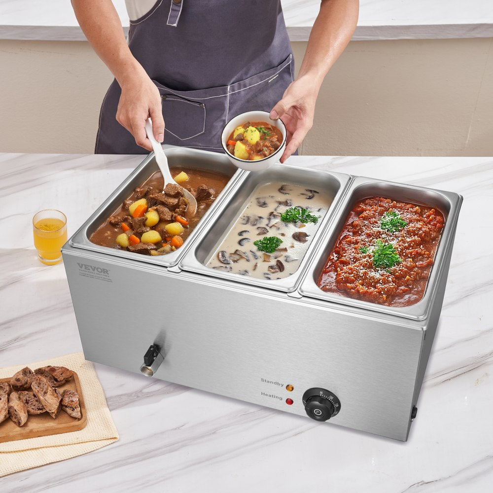 VEVOR 3-Pan Commercial Food Warmer, 17.4QT Electric Steam Table, 1200W Professional Countertop Stainless Steel Buffet