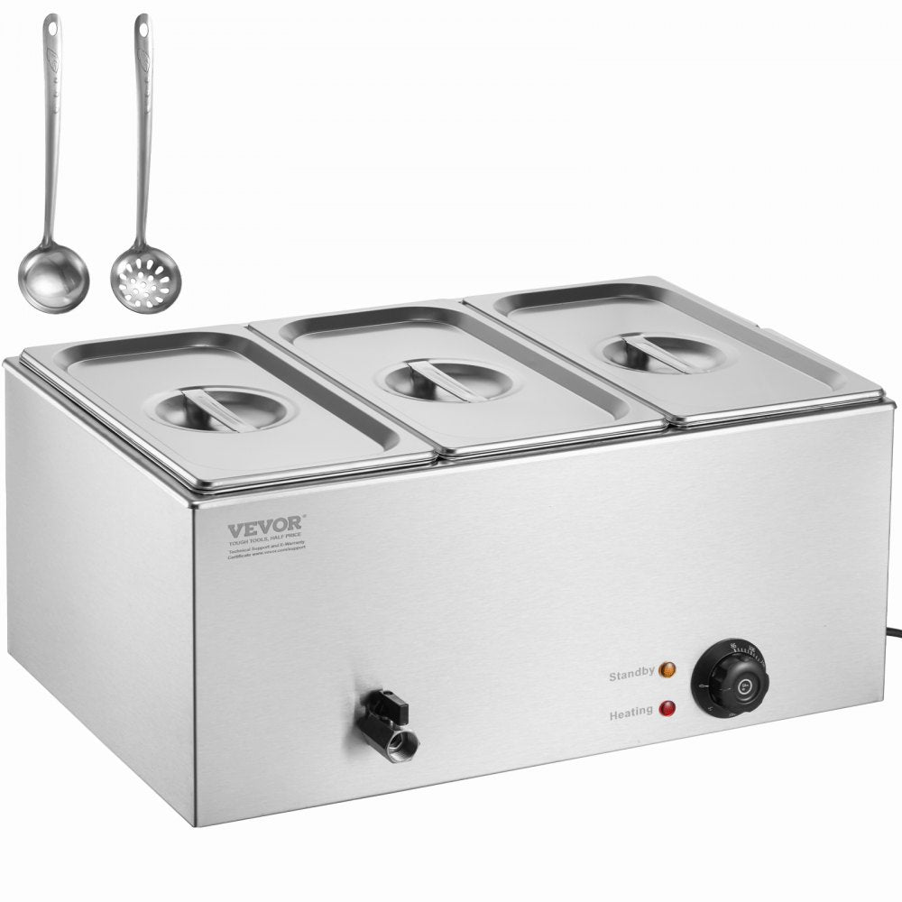 VEVOR 3-Pan Commercial Food Warmer, 17.4QT Electric Steam Table, 1200W Professional Countertop Stainless Steel Buffet
