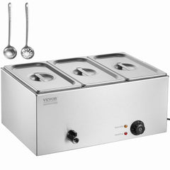 VEVOR 3-Pan Commercial Food Warmer, 17.4QT Electric Steam Table, 1200W Professional Countertop Stainless Steel Buffet