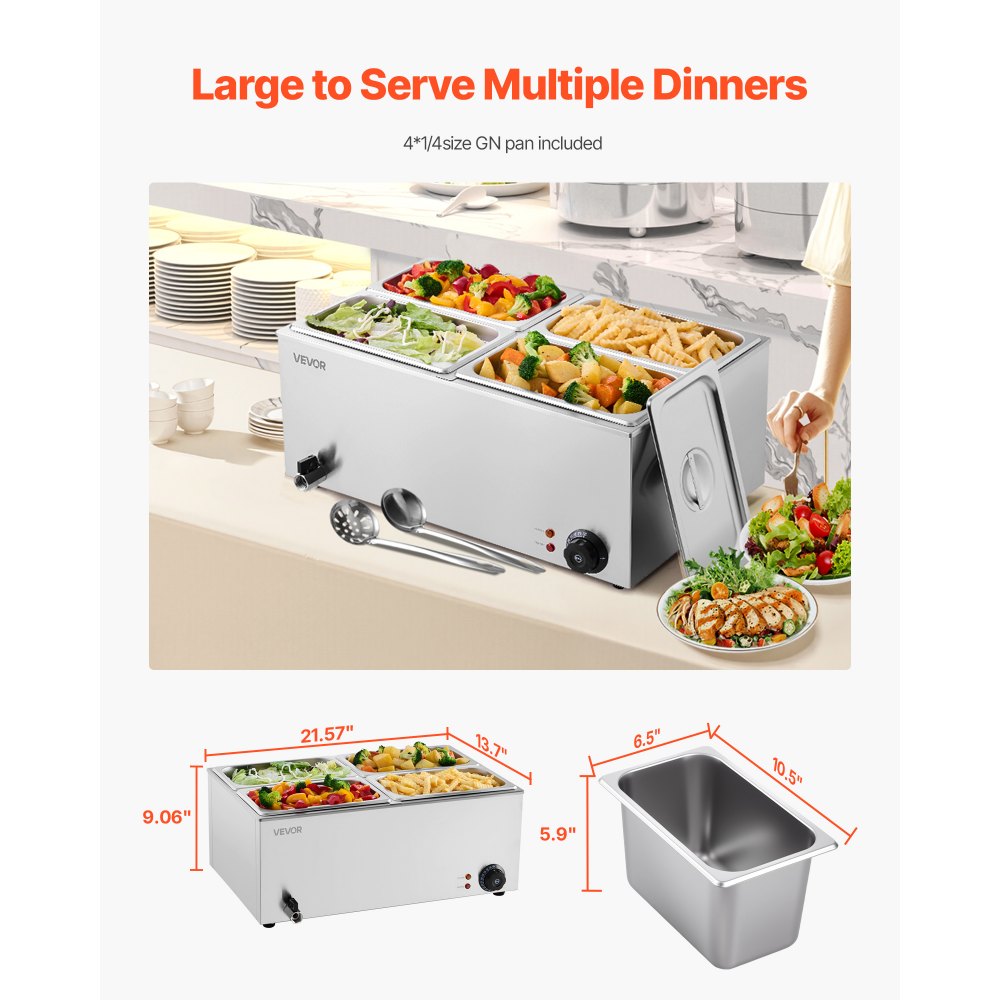 VEVOR 24QT Commercial Food Warmer, 4-Pan Electric Steam Table, 1200W Professional Countertop Stainless Steel Buffet