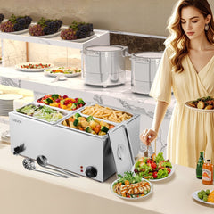 VEVOR 24QT Commercial Food Warmer, 4-Pan Electric Steam Table, 1200W Professional Countertop Stainless Steel Buffet