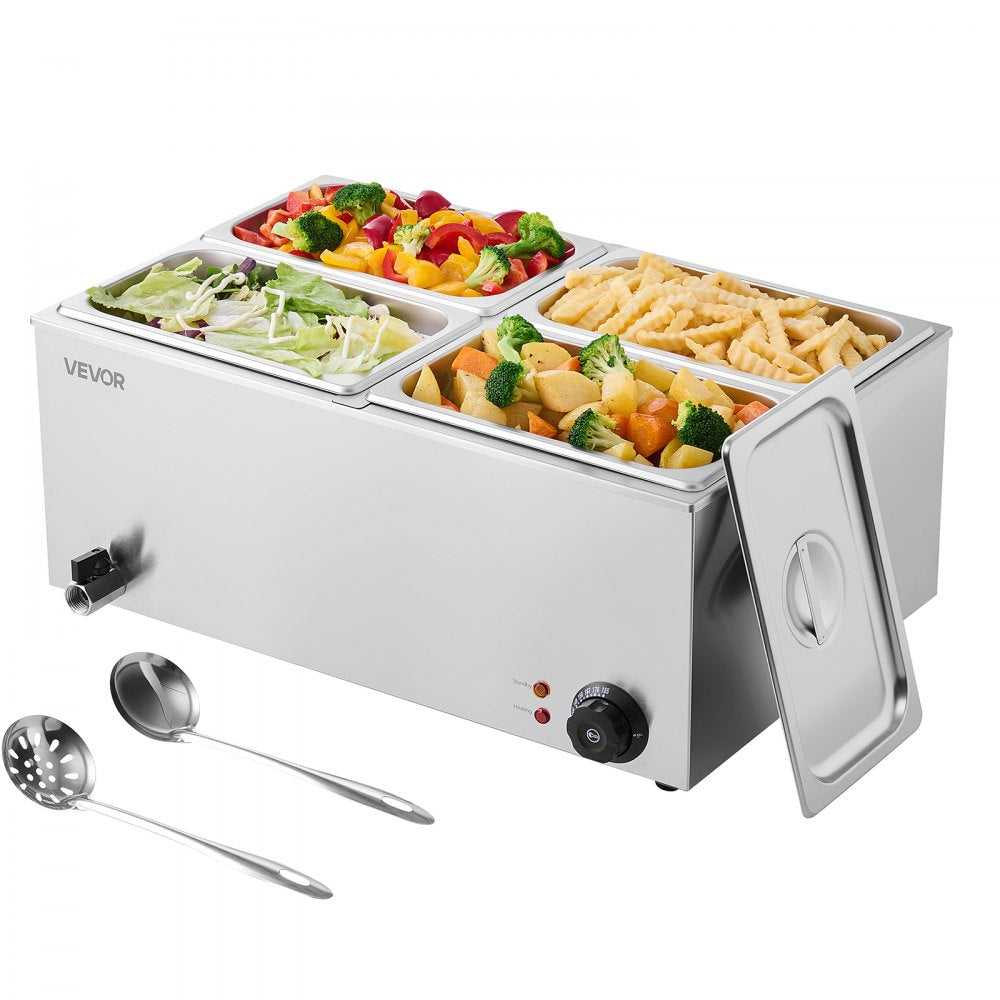 VEVOR 24QT Commercial Food Warmer, 4-Pan Electric Steam Table, 1200W Professional Countertop Stainless Steel Buffet