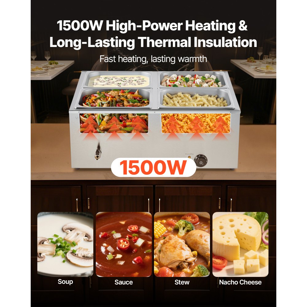 VEVOR Commercial Food Warmer, 1500W Electric Stainless Steel Steam Food Warmer with Lid, 4-Pan Fast Heating Countertop