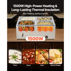 VEVOR Commercial Food Warmer, 1500W Electric Stainless Steel Steam Food Warmer with Lid, 4-Pan Fast Heating Countertop
