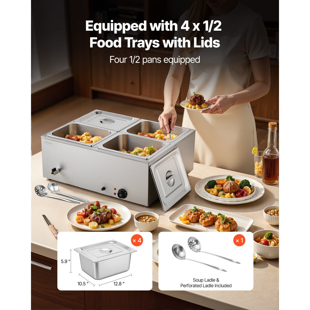VEVOR Commercial Food Warmer, 1500W Electric Stainless Steel Steam Food Warmer with Lid, 4-Pan Fast Heating Countertop
