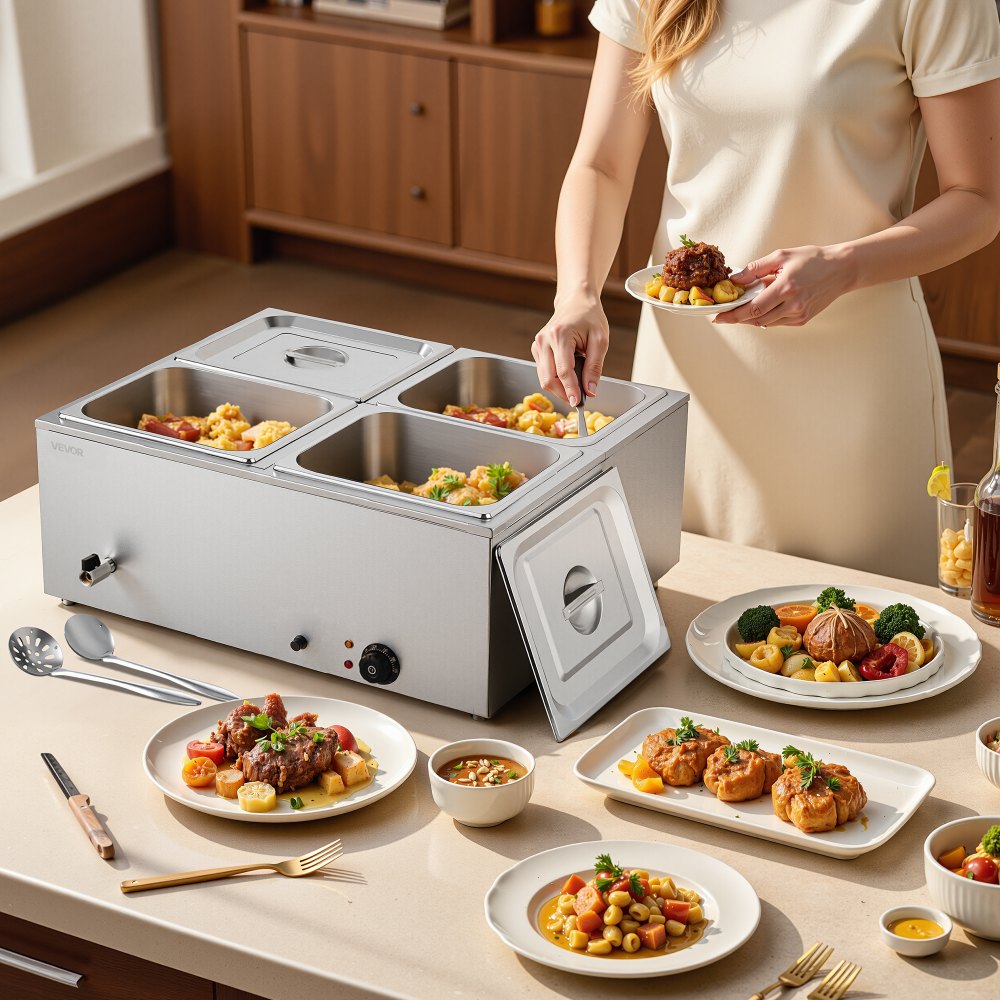 VEVOR Commercial Food Warmer, 1500W Electric Stainless Steel Steam Food Warmer with Lid, 4-Pan Fast Heating Countertop