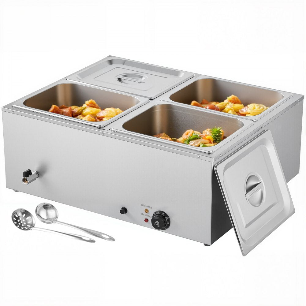 VEVOR Commercial Food Warmer, 1500W Electric Stainless Steel Steam Food Warmer with Lid, 4-Pan Fast Heating Countertop