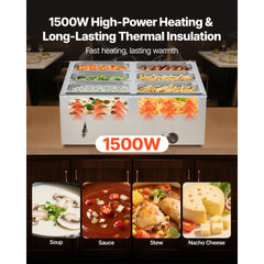 VEVOR Commercial Food Warmer, 1500W Electric Stainless Steel Steam Food Warmer with Lid, 6-Pan Fast Heating Countertop