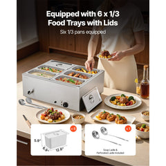 VEVOR Commercial Food Warmer, 1500W Electric Stainless Steel Steam Food Warmer with Lid, 6-Pan Fast Heating Countertop