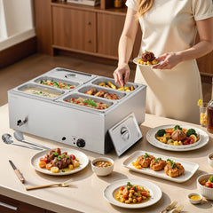 VEVOR Commercial Food Warmer, 1500W Electric Stainless Steel Steam Food Warmer with Lid, 6-Pan Fast Heating Countertop
