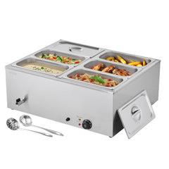 VEVOR Commercial Food Warmer, 1500W Electric Stainless Steel Steam Food Warmer with Lid, 6-Pan Fast Heating Countertop