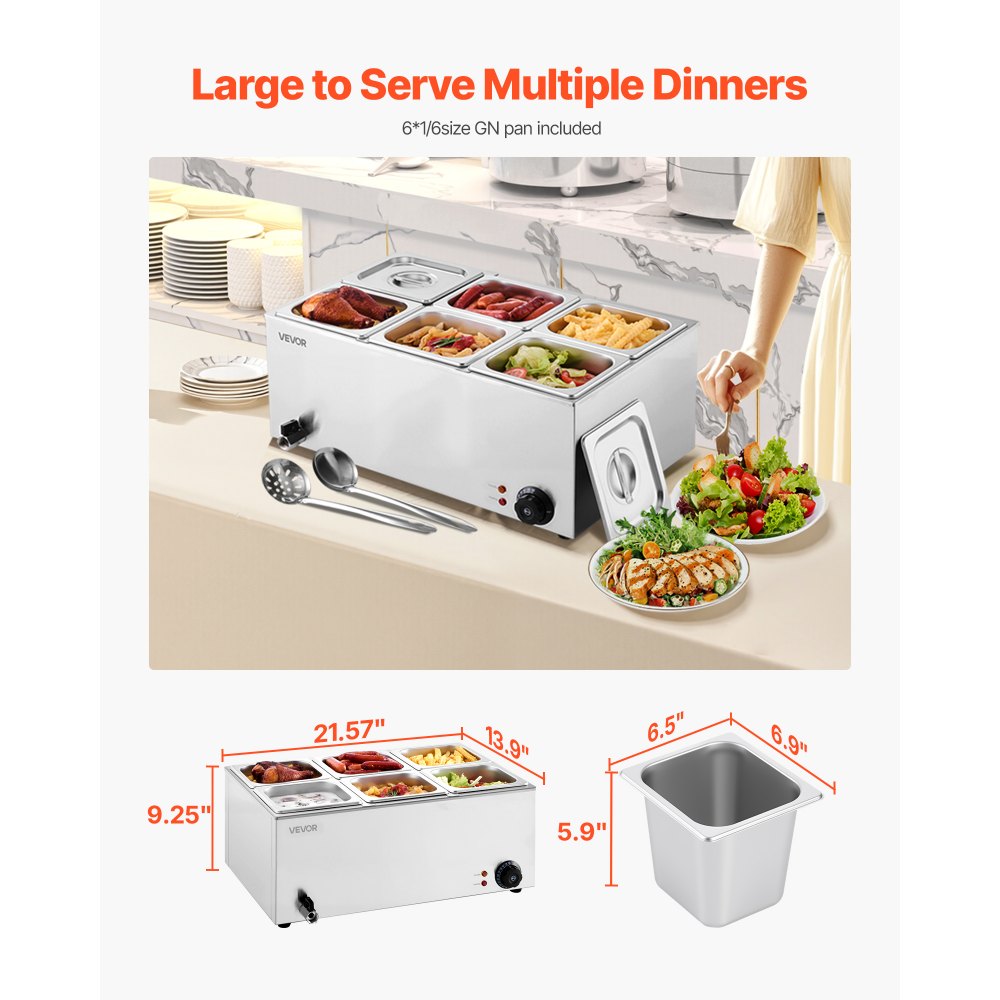 VEVOR 24QT Commercial Food Warmer, 6-Pan Electric Steam Table, 1200W Professional Countertop Stainless Steel Buffet