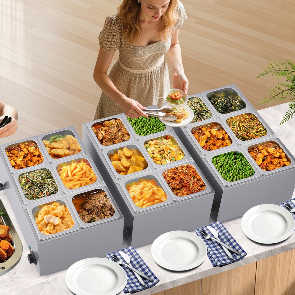 VEVOR 24QT Commercial Food Warmer, 6-Pan Electric Steam Table, 1200W Professional Countertop Stainless Steel Buffet