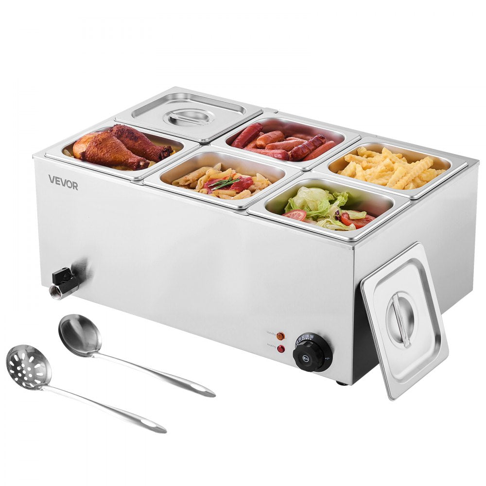 VEVOR 24QT Commercial Food Warmer, 6-Pan Electric Steam Table, 1200W Professional Countertop Stainless Steel Buffet