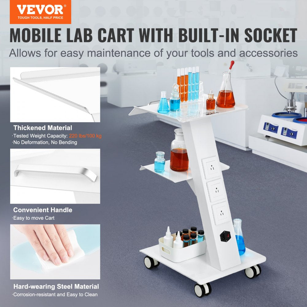 VEVOR Lab Trolley, Rolling Lab Cart with Built-in Socket, 3-Layer Metal Mobile Trolley, Tray Rolling Clinic Cart with