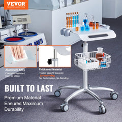 VEVOR Medical Cart, Salon Cart with Wheels, Mobile Trolley Cart 26.77"-42.91" Height Adjustable, Metal Salon Stations