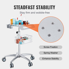 VEVOR Medical Cart, Salon Cart with Wheels, Mobile Trolley Cart 26.77"-42.91" Height Adjustable, Metal Salon Stations