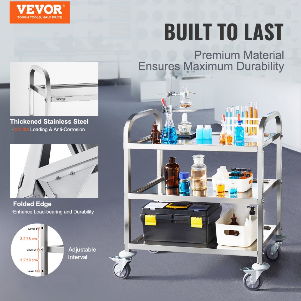 VEVOR Stainless Steel Cart, 3 Layers Lab Utility Cart 400 lbs Weight Capacity, Medical Cart with Lockable Universal