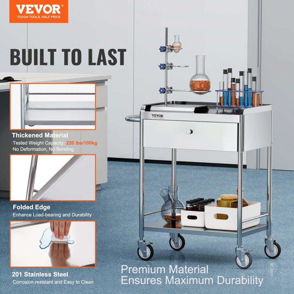 VEVOR Medical Cart, 2-Layer Stainless Steel Cart 220 lbs Weight Capacity, Lab Utility Cart with 360° Silent Wheels and