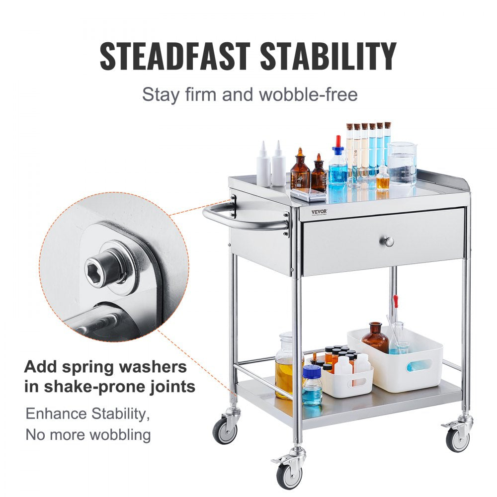 VEVOR Medical Cart, 2-Layer Stainless Steel Cart 220 lbs Weight Capacity, Lab Utility Cart with 360° Silent Wheels and