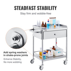 VEVOR Medical Cart, 2-Layer Stainless Steel Cart 220 lbs Weight Capacity, Lab Utility Cart with 360° Silent Wheels and
