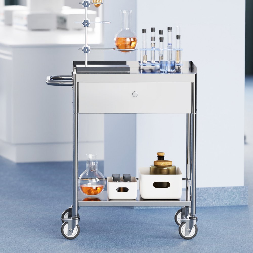 VEVOR Medical Cart, 2-Layer Stainless Steel Cart 220 lbs Weight Capacity, Lab Utility Cart with 360° Silent Wheels and
