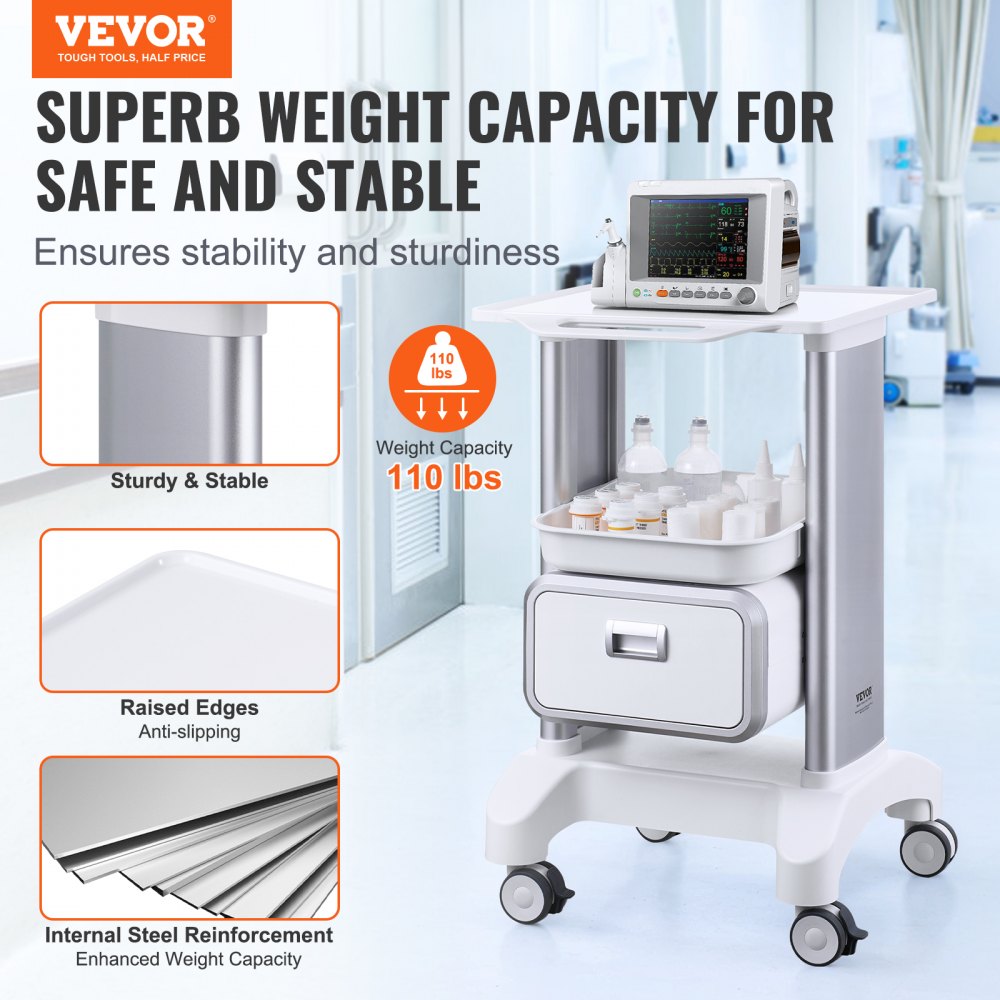 VEVOR 2 Tiers Lab Carts, Lab Utility Cart with 1 Drawer & 1 Top Tray, Mobile Medical Cart with ABS Material, Lab