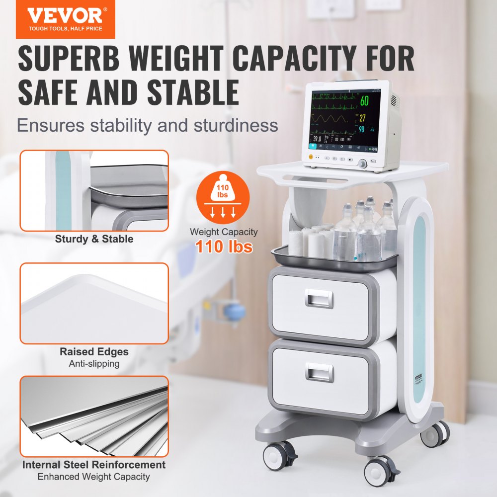 VEVOR 3 Tiers Lab Carts, Lab Utility Cart with 2 Drawers & 1 Top Tray, Mobile Medical Cart with ABS Material, Lab
