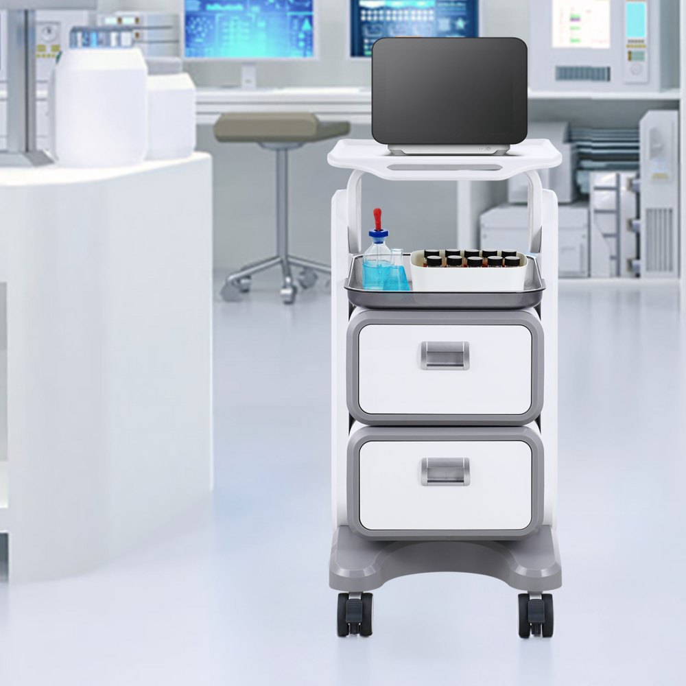 VEVOR 3 Tiers Lab Carts, Lab Utility Cart with 2 Drawers & 1 Top Tray, Mobile Medical Cart with ABS Material, Lab