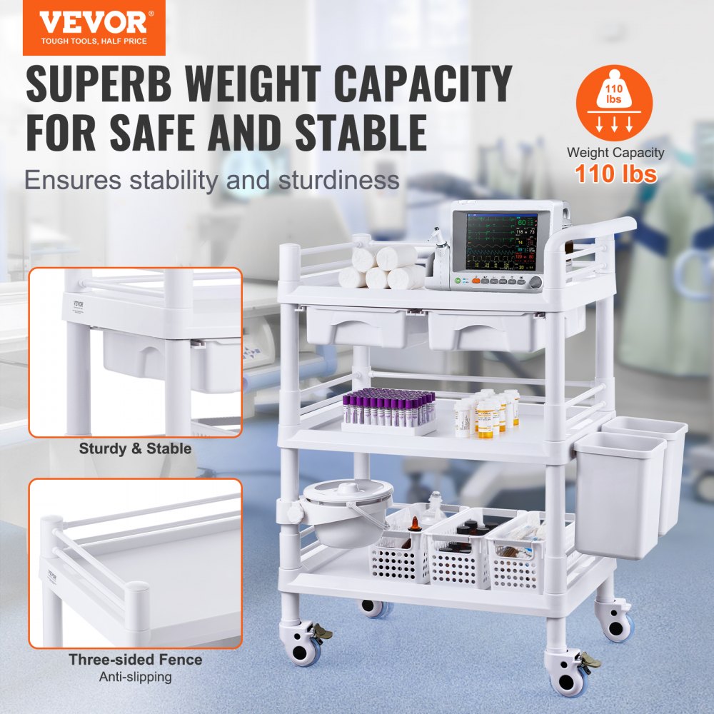 VEVOR 3 Tiers Lab Carts, Lab Utility Cart with 3 Trays & 4 Silent Wheels, Mobile Medical Cart with PP Material, Lab