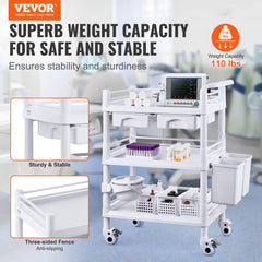 VEVOR 3 Tiers Lab Carts, Lab Utility Cart with 3 Trays & 4 Silent Wheels, Mobile Medical Cart with PP Material, Lab