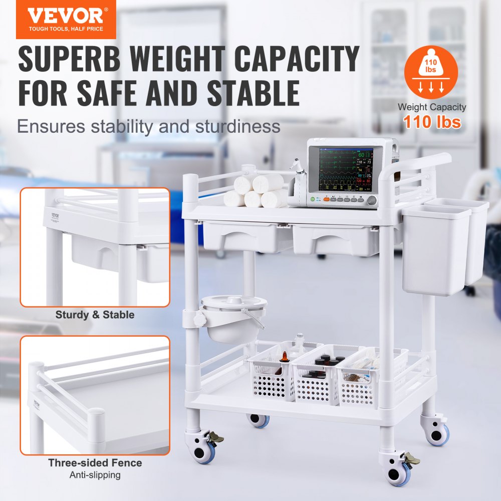 VEVOR 2 Tiers Lab Carts, Lab Utility Cart with 2 Trays, 2 Drawers & 4 Silent Wheels, Mobile Medical Cart with PP