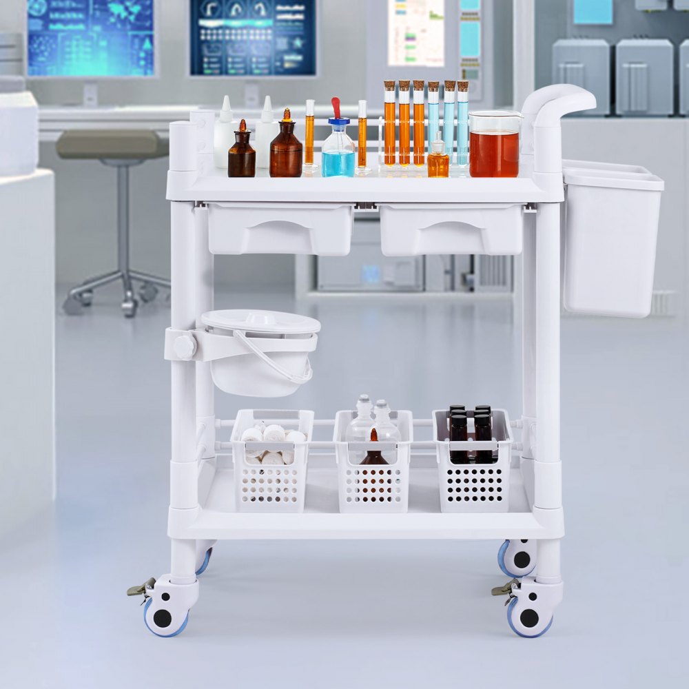 VEVOR 2 Tiers Lab Carts, Lab Utility Cart with 2 Trays, 2 Drawers & 4 Silent Wheels, Mobile Medical Cart with PP