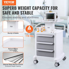 VEVOR 4 Tiers Lab Carts, Lab Utility Cart with 3 Drawers & 1 Top Tray, Mobile Medical Cart with ABS Material, Lab