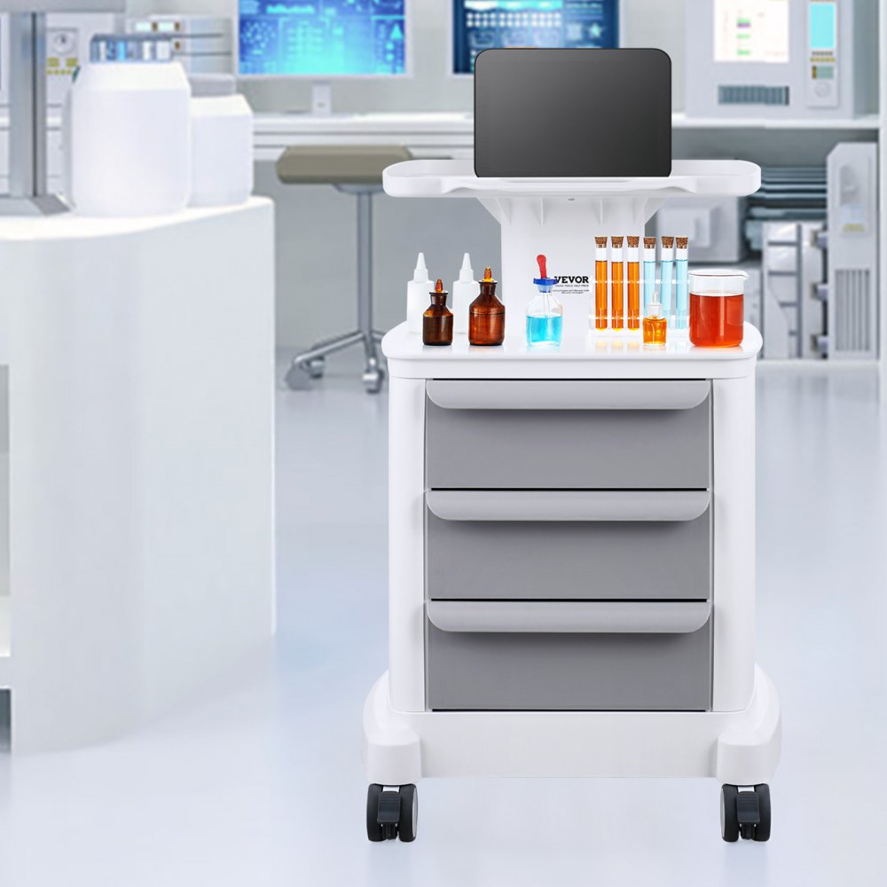 VEVOR 4 Tiers Lab Carts, Lab Utility Cart with 3 Drawers & 1 Top Tray, Mobile Medical Cart with ABS Material, Lab