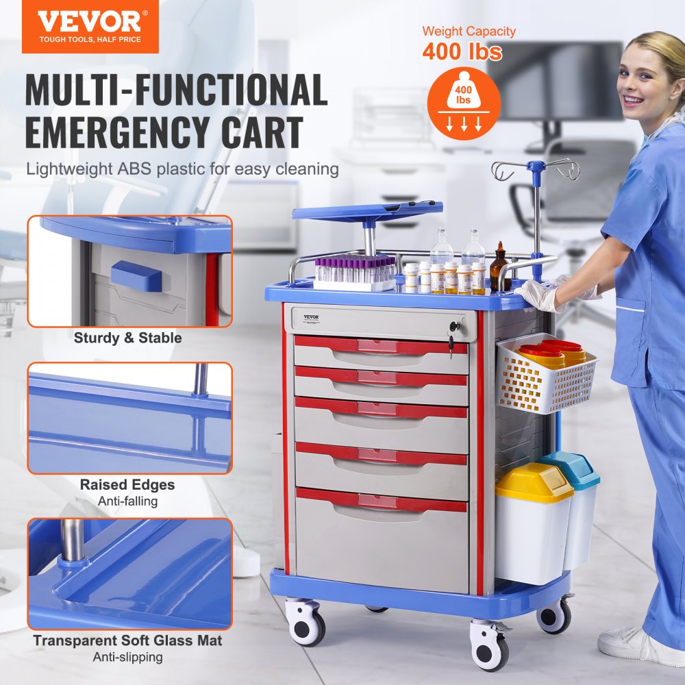 VEVOR 5 Tiers Lab Carts, Lab Utility Cart with 5 Drawers & 4 Silent Wheels, Mobile Medical Cart with PP Material, Lab