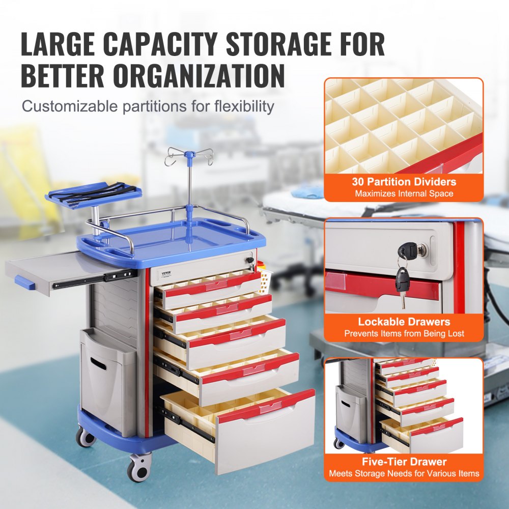 VEVOR 5 Tiers Lab Carts, Lab Utility Cart with 5 Drawers & 4 Silent Wheels, Mobile Medical Cart with PP Material, Lab