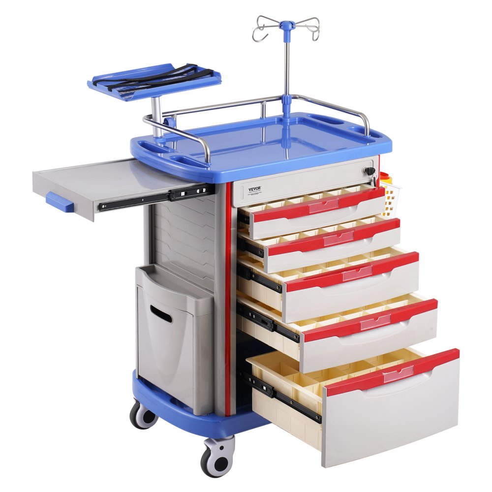 VEVOR 5 Tiers Lab Carts, Lab Utility Cart with 5 Drawers & 4 Silent Wheels, Mobile Medical Cart with PP Material, Lab