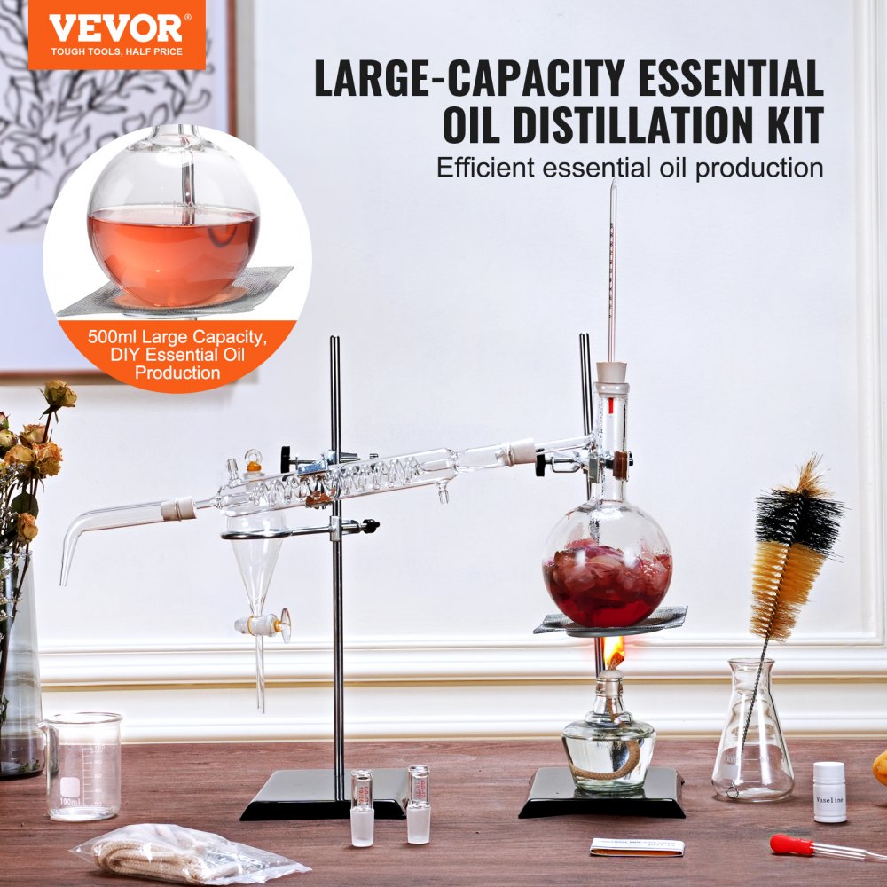 VEVOR Essential Oil Distillation Kit, 500ml Distillation Apparatus, 3.3 Boro Lab Glassware Distillation Kit with