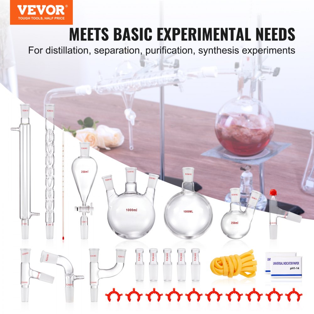 VEVOR Lab Distillation Kit, 3.3 Boro Lab Glassware Distillation Kit with 24, 40 Joint, 1000ml Essential Oil