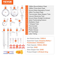 VEVOR Lab Distillation Kit, 3.3 Boro Lab Glassware Distillation Kit with 24, 40 Joint, 1000ml Essential Oil