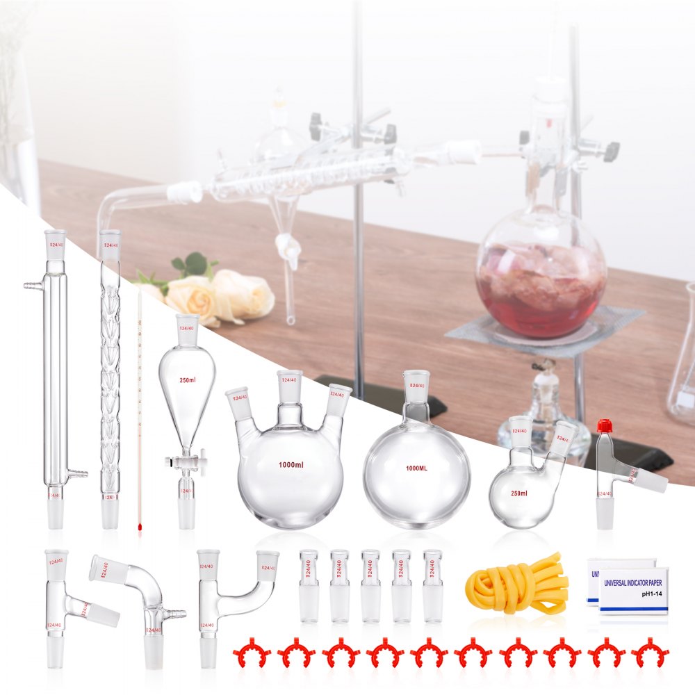 VEVOR Lab Distillation Kit, 3.3 Boro Lab Glassware Distillation Kit with 24, 40 Joint, 1000ml Essential Oil