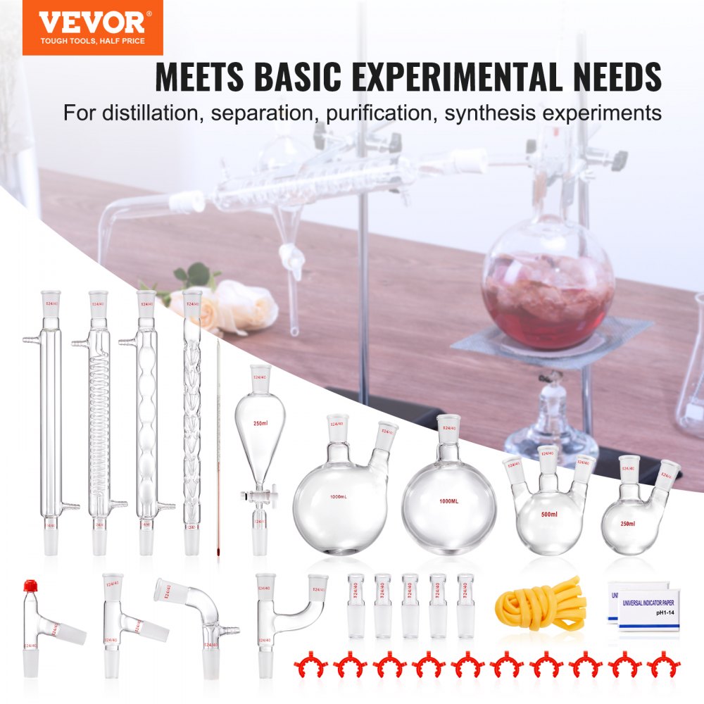 VEVOR Lab Distillation Kit, 3.3 Boro Lab Glassware Distillation Kit with 24, 40 Joint, 1000ml Essential Oil
